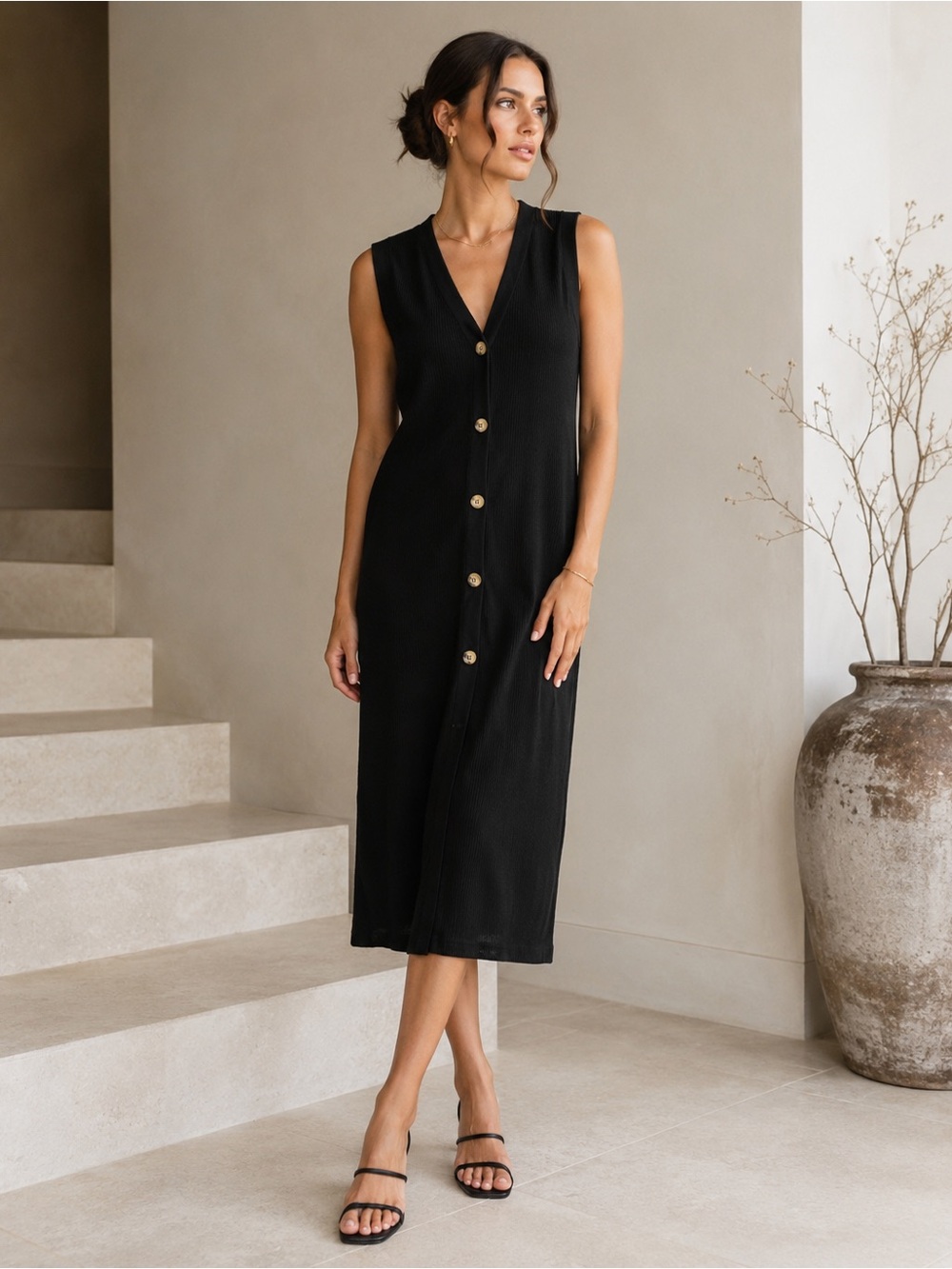 Zara Sleeveless Black Button-Front Midi Dress
